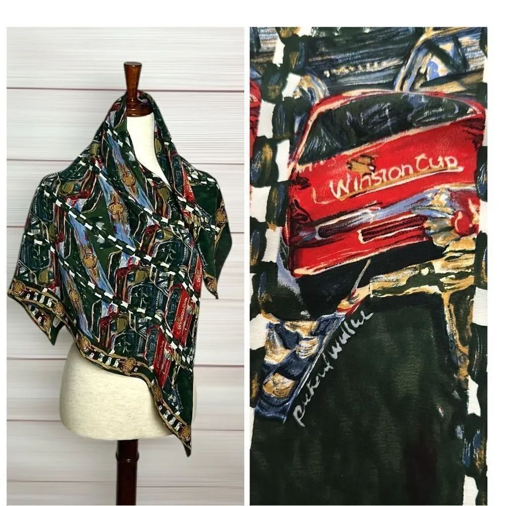 Vintage Silk Scarf Richard Wallich NASCAR Winston Cup Green Multicolor